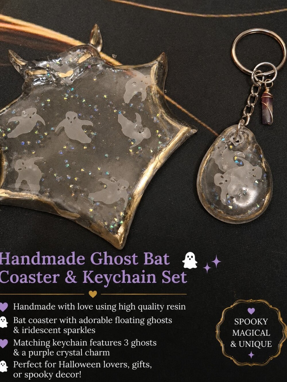 Handmade Ghost Bat Coaster & Keychain Set - Clear with Iridescent Sparkles